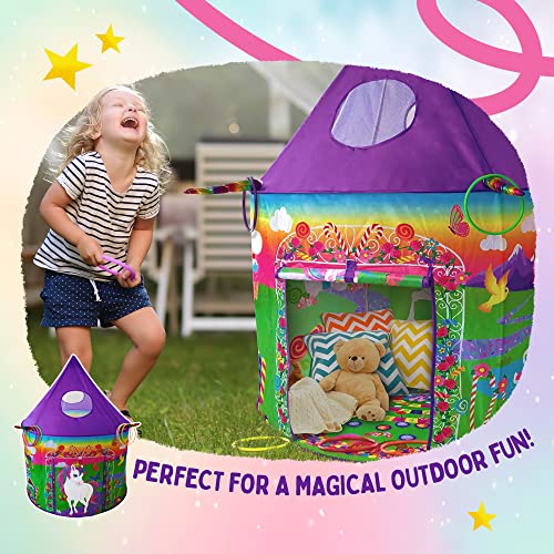 Playz Unicorn Toys Kids Play Tent for Girls with Unicorn Ring Toss, Candy Board Game, & Tic Tac Toe - Indoor & Outdoor Pop up Playhouse Set for Kids Birthday Party Favors & Gifts for Baby and Toddlers