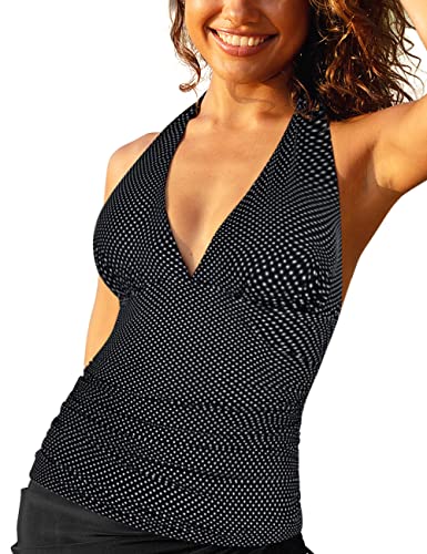 Hilor Women's Plunging V Neck Halter Swim Tops Shirred Tankini Top