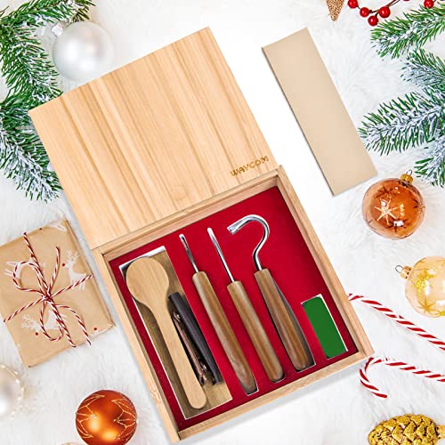 WAYCOM 12pcs Wood Whittling Kit Wood Carving Tools Set Hook Carving Knife,Detail Wood Knife,Whittling Knife Cut Resistant Gloves Leather Sheath And Bamboo Gift Box For Spoon,Bowl,Cup