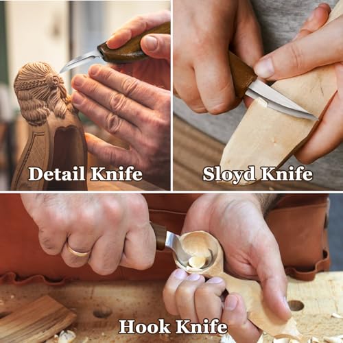 WAYCOM 12pcs Wood Whittling Kit Wood Carving Tools Set Hook Carving Knife,Detail Wood Knife,Whittling Knife Cut Resistant Gloves Leather Sheath And Bamboo Gift Box For Spoon,Bowl,Cup