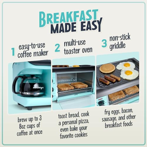 Nostalgia 3-in-1 Breakfast Station - Includes Coffee Maker, Non-Stick Griddle, and 4-Slice Toaster Oven - Versatile Breakfast Maker with Timer - Aqua