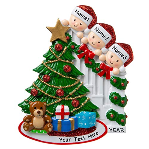 Personalized Happy Family Bannister Peeking Family Christmas Tree Ornament Present Gift Christmas Morning-Free Personalized (Family of 3)