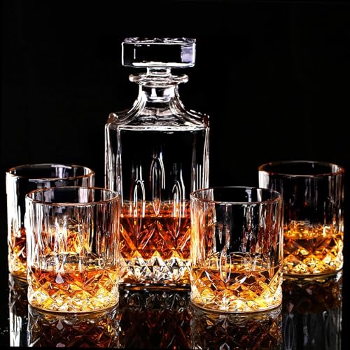 LIGHTEN LIFE Whiskey Decanter Set for Men,Crystal Whiskey Glasses and Decanter Set in Gift Box,Decanter Set with 4 Glasses,Non-Lead Bourbon Decanter Set,Whiskey Glass Decanter Set for Dad Husband