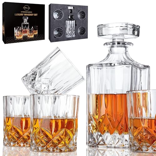 LIGHTEN LIFE Whiskey Decanter Set for Men,Crystal Whiskey Glasses and Decanter Set in Gift Box,Decanter Set with 4 Glasses,Non-Lead Bourbon Decanter Set,Whiskey Glass Decanter Set for Dad Husband