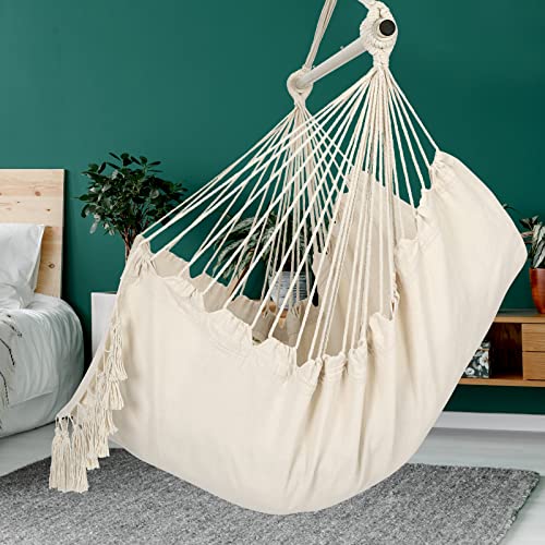 Y- Stop Hammock Chair Hanging Rope Swing, Max 500 Lbs, 2 Cushions Included, Large Macrame Hanging Chair with Pocket for Superior Comfort, with Hardware Kit (Beige)