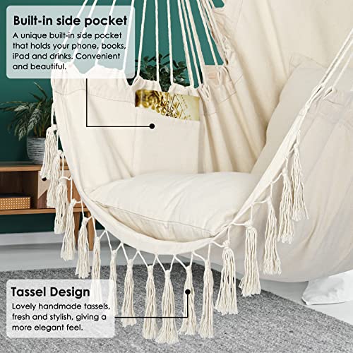 Y- Stop Hammock Chair Hanging Rope Swing, Max 500 Lbs, 2 Cushions Included, Large Macrame Hanging Chair with Pocket for Superior Comfort, with Hardware Kit (Beige)