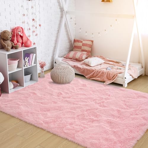 Ultra Soft Pink Rugs for Bedroom 4x6 Feet, Fluffy Shag Area Rugs for Living Room, Large Comfy Furry Rug for Girls Kids Baby Room Decor, Non Slip Nursery Modern Indoor Fuzzy Floor Carpet