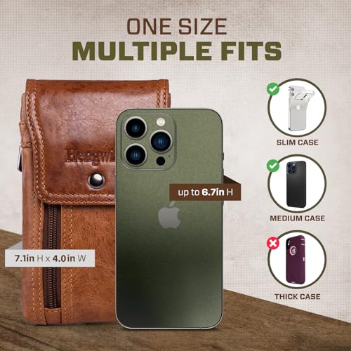 Hengwin Phone Holster Case with Belt Clip, Genuine Leather Belt Pouch Belt Case Cell Phone Holder Fit for iPhone 15 Plus 14 Pro Max 11 Pro Max Xs Max 7 Plus 8 Plus (Fit Cellphone with Case On) (Brown)