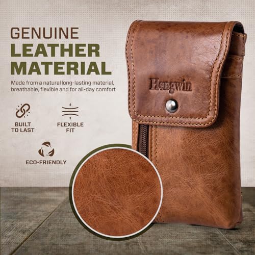 Hengwin Phone Holster Case with Belt Clip, Genuine Leather Belt Pouch Belt Case Cell Phone Holder Fit for iPhone 15 Plus 14 Pro Max 11 Pro Max Xs Max 7 Plus 8 Plus (Fit Cellphone with Case On) (Brown)