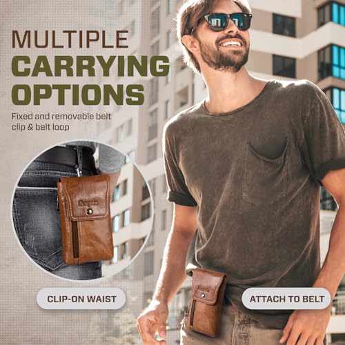 Hengwin Phone Holster Case with Belt Clip, Genuine Leather Belt Pouch Belt Case Cell Phone Holder Fit for iPhone 15 Plus 14 Pro Max 11 Pro Max Xs Max 7 Plus 8 Plus (Fit Cellphone with Case On) (Brown)