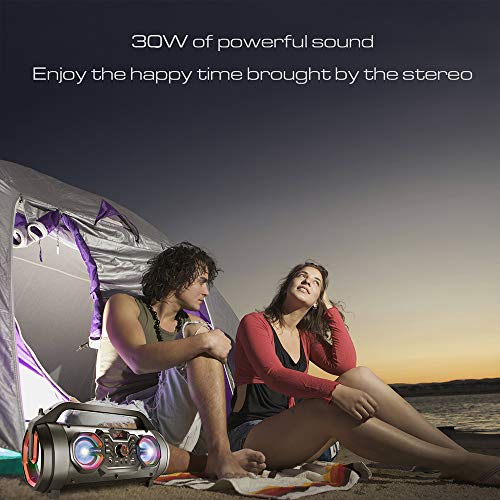 Portable Bluetooth Speaker with Subwoofer, Wireless Speakers with Booming Bass, FM Radio, RGB Lights, EQ, Stereo Sound, 10H Playtime, 30W Loud Speaker for Home, Outdoor, Party, Travel, Camping, Gifts