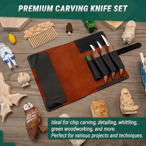 BeaverCraft Wood Carving Kit Deluxe Whittling Knives Set & Leather Strop for Carving Knife S15X Wood Carving Knives Set, Tools & Knife Strop with Polishing Compound Wood Whittling Kit and Leather Case