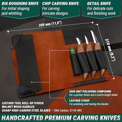 BeaverCraft Wood Carving Kit Deluxe Whittling Knives Set & Leather Strop for Carving Knife S15X Wood Carving Knives Set, Tools & Knife Strop with Polishing Compound Wood Whittling Kit and Leather Case