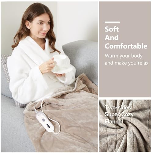 Tefici Electric Heated Blanket Throw, Super Cozy Soft 2-Layer Flannel 50" x 60" Heated Throw with 3 Heating Levels & 4 Hours Auto Off, Machine Washable, ETL&FCC Certified, Home Office Use,Camel