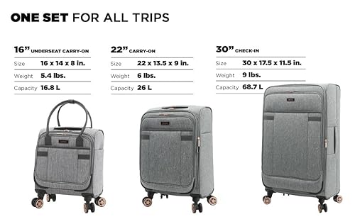 kensie Hudson Softside Spinner Luggage, Heather Gray, 3-Piece Set (16/20/28)