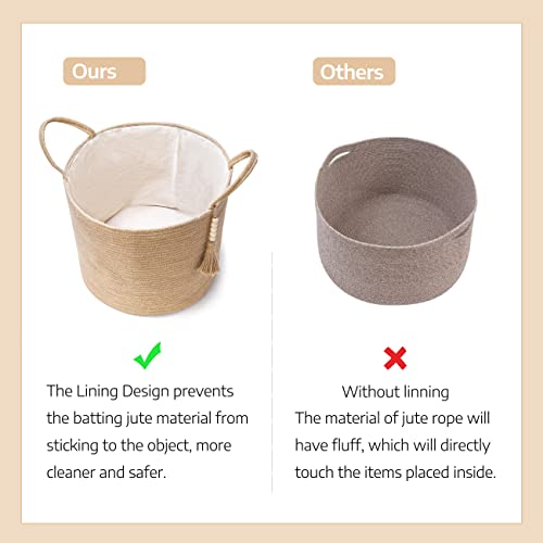 Mkono Woven Storage Basket Decorative Natural Rope Basket Wooden Bead Decoration for Blankets,Toys,Clothes,Shoes,Plant Organizer Bin with Handles Living Room Home Decor, Jute, 16" W × 13.8"L