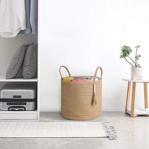 Mkono Woven Storage Basket Decorative Natural Rope Basket Wooden Bead Decoration for Blankets,Toys,Clothes,Shoes,Plant Organizer Bin with Handles Living Room Home Decor, Jute, 16" W × 13.8"L