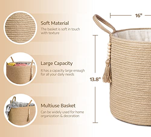 Mkono Woven Storage Basket Decorative Natural Rope Basket Wooden Bead Decoration for Blankets,Toys,Clothes,Shoes,Plant Organizer Bin with Handles Living Room Home Decor, Jute, 16" W × 13.8"L