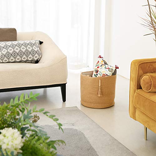 Mkono Woven Storage Basket Decorative Natural Rope Basket Wooden Bead Decoration for Blankets,Toys,Clothes,Shoes,Plant Organizer Bin with Handles Living Room Home Decor, Jute, 16" W × 13.8"L