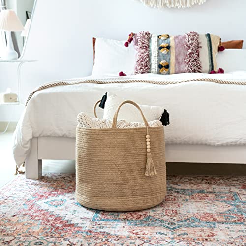 Mkono Woven Storage Basket Decorative Natural Rope Basket Wooden Bead Decoration for Blankets,Toys,Clothes,Shoes,Plant Organizer Bin with Handles Living Room Home Decor, Jute, 16" W × 13.8"L