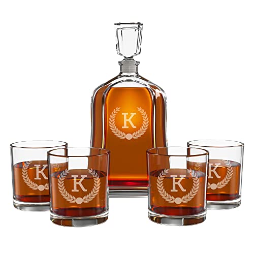 Engraved Liquor Whiskey Decanter Set with Scotch Glasses for Men - 9 Design Options - Personalized Gift Set for Him, Dad - Premium Set Includes Whiskey Stones - by Froolu