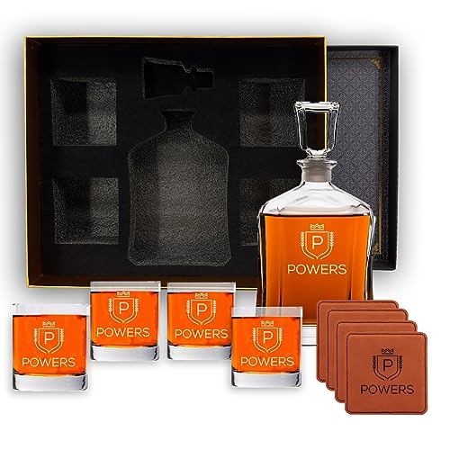 Engraved Liquor Whiskey Decanter Set with Scotch Glasses for Men - 9 Design Options - Personalized Gift Set for Him, Dad - Premium Set Includes Whiskey Stones - by Froolu