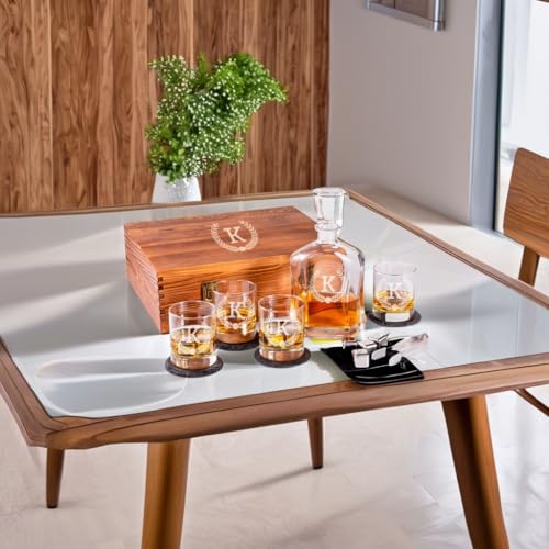 Engraved Liquor Whiskey Decanter Set with Scotch Glasses for Men - 9 Design Options - Personalized Gift Set for Him, Dad - Premium Set Includes Whiskey Stones - by Froolu