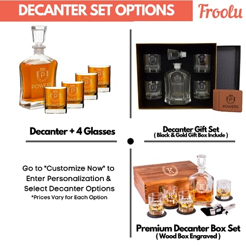 Engraved Liquor Whiskey Decanter Set with Scotch Glasses for Men - 9 Design Options - Personalized Gift Set for Him, Dad - Premium Set Includes Whiskey Stones - by Froolu