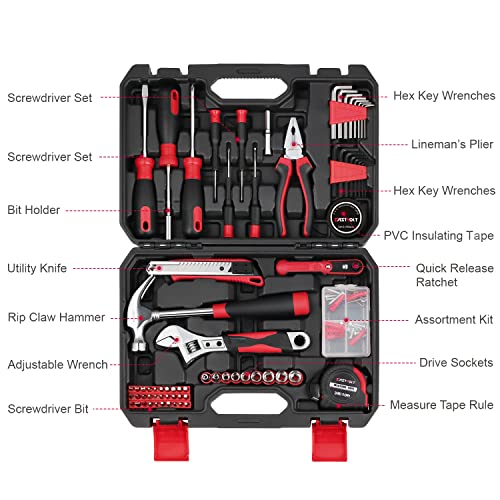 Eastvolt 128-Piece Home Repair Tool Set, Tool Sets for Homeowners, General Household Hand Tool Set with Storage Toolbox, EVHT12801, Black + Red (ASK01)