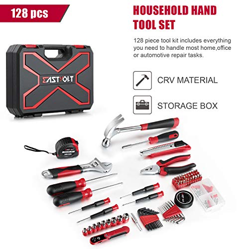 Eastvolt 128-Piece Home Repair Tool Set, Tool Sets for Homeowners, General Household Hand Tool Set with Storage Toolbox, EVHT12801, Black + Red (ASK01)