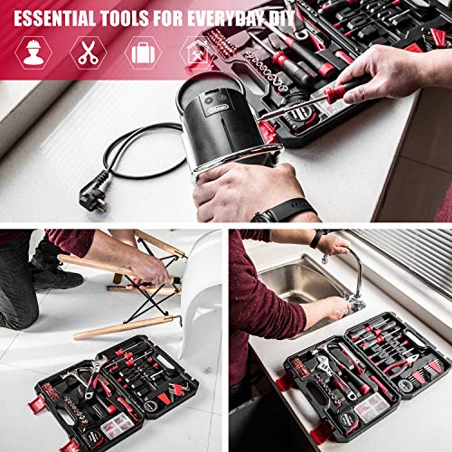 Eastvolt 128-Piece Home Repair Tool Set, Tool Sets for Homeowners, General Household Hand Tool Set with Storage Toolbox, EVHT12801, Black + Red (ASK01)