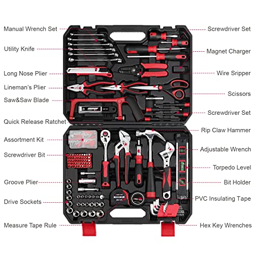 Eastvolt 218-Piece Household Tool Kit, Auto Repair Tool Set, Tool Kits for Homeowner, Plier, Screwdriver Set, Socket Kit and Toolbox Storage Case,Black + Red