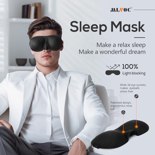 MLVOC Travel Pillow 100% Pure Memory Foam Neck Pillow, Comfortable & Breathable Cover, Machine Washable, Airplane Travel Kit with 3D Contoured Eye Masks, Earplugs, and Luxury Bag, Standard (Black)