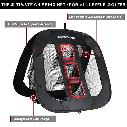 DURARANGE Pop-up Golf Chipping Net Set - Foldable Training Kit with 2 Hitting Mats, 6 Practice Balls, 6 Foam Balls - Ultimate Golf Gift & Target Chipping Aids, Black