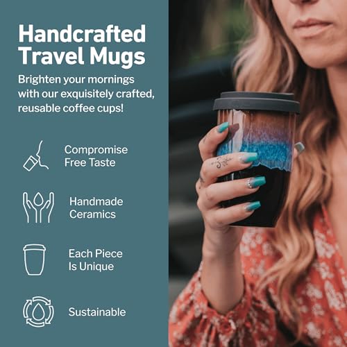 NOVA CERAMICS 12oz Travel Coffee Mug - Unique Microwave & Dishwasher Safe Tumbler With Lid - Gifts For Women & Men