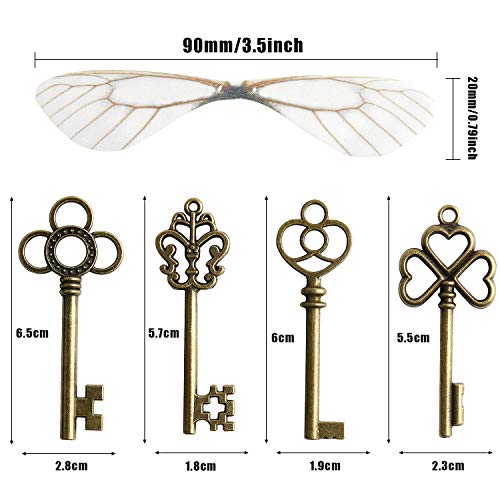 SANNIX 30 PCS Vintage Skeleton Keys Flying Keys Charms with 30 Pairs Dragonfly Wings and 30 Yards Elastic Crystal String for DIY Jewelry Making Wedding Party Favors Room Decor