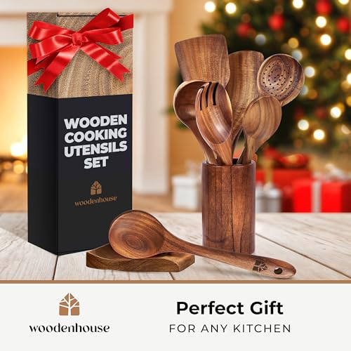 Wooden Spoons for Cooking, Wooden Cooking Utensils Set, Wooden Utensil Set with Holder, Spoon Rest & Hooks, Teak Wood Nonstick Kitchen Cookware – 8-piece set of wooden utensils with 6 metal hooks