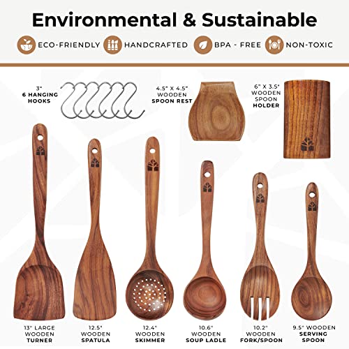 Wooden Spoons for Cooking, Wooden Cooking Utensils Set, Wooden Utensil Set with Holder, Spoon Rest & Hooks, Teak Wood Nonstick Kitchen Cookware – 8-piece set of wooden utensils with 6 metal hooks