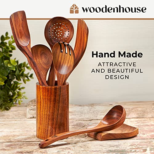 Wooden Spoons for Cooking, Wooden Cooking Utensils Set, Wooden Utensil Set with Holder, Spoon Rest & Hooks, Teak Wood Nonstick Kitchen Cookware – 8-piece set of wooden utensils with 6 metal hooks