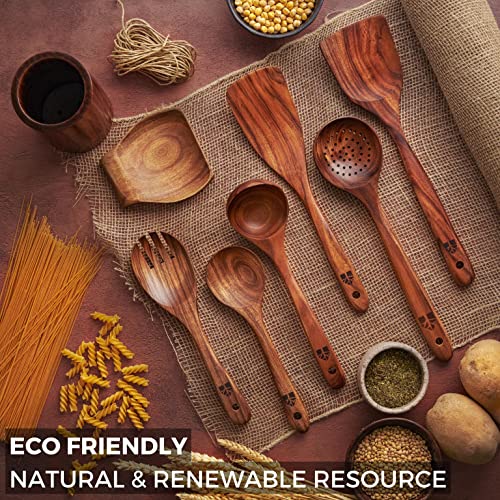 Wooden Spoons for Cooking, Wooden Cooking Utensils Set, Wooden Utensil Set with Holder, Spoon Rest & Hooks, Teak Wood Nonstick Kitchen Cookware – 8-piece set of wooden utensils with 6 metal hooks