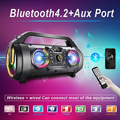 Bluetooth Speaker, 30W Portable Bluetooth Boombox with Subwoofer, FM Radio, RGB Colorful Lights, EQ, Stereo Sound, Booming Bass, 10H Playtime Wireless Party Speaker for Home, Outdoor, Travel, Camping