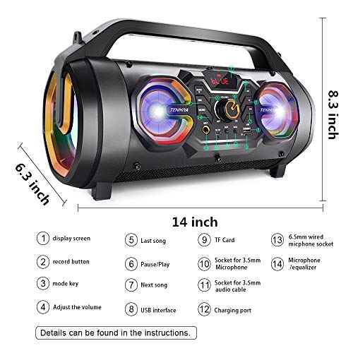 Bluetooth Speaker, 30W Portable Bluetooth Boombox with Subwoofer, FM Radio, RGB Colorful Lights, EQ, Stereo Sound, Booming Bass, 10H Playtime Wireless Party Speaker for Home, Outdoor, Travel, Camping