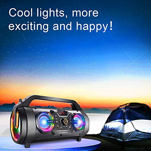 Bluetooth Speaker, 30W Portable Bluetooth Boombox with Subwoofer, FM Radio, RGB Colorful Lights, EQ, Stereo Sound, Booming Bass, 10H Playtime Wireless Party Speaker for Home, Outdoor, Travel, Camping