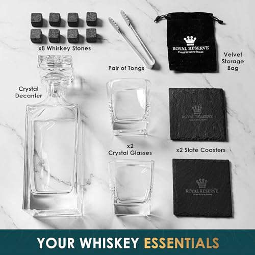 Whiskey Decanter Father's Day Gift Set by Royal Reserve – Artisan Crafted Liquor Bourbon Decanter with Glasses, Chilling Stones, Coasters, and Tong – for Men, Husband, Dad, Friend