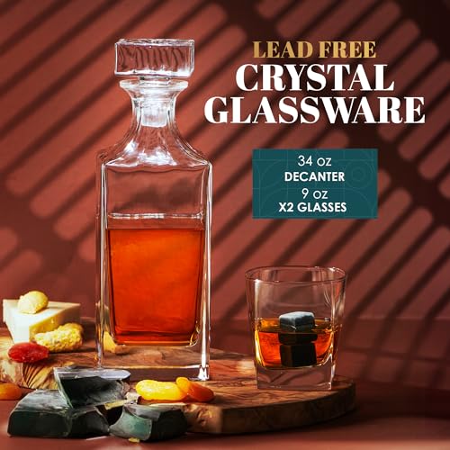 Whiskey Decanter Father's Day Gift Set by Royal Reserve – Artisan Crafted Liquor Bourbon Decanter with Glasses, Chilling Stones, Coasters, and Tong – for Men, Husband, Dad, Friend