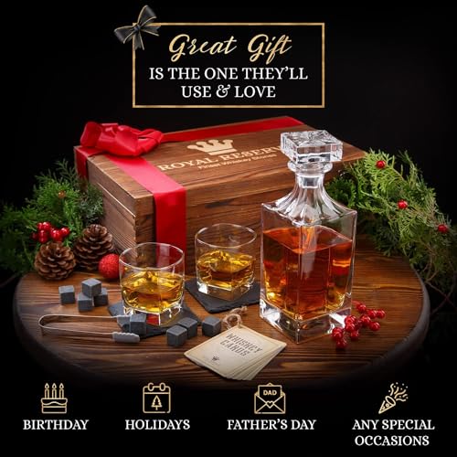 Whiskey Decanter Father's Day Gift Set by Royal Reserve – Artisan Crafted Liquor Bourbon Decanter with Glasses, Chilling Stones, Coasters, and Tong – for Men, Husband, Dad, Friend