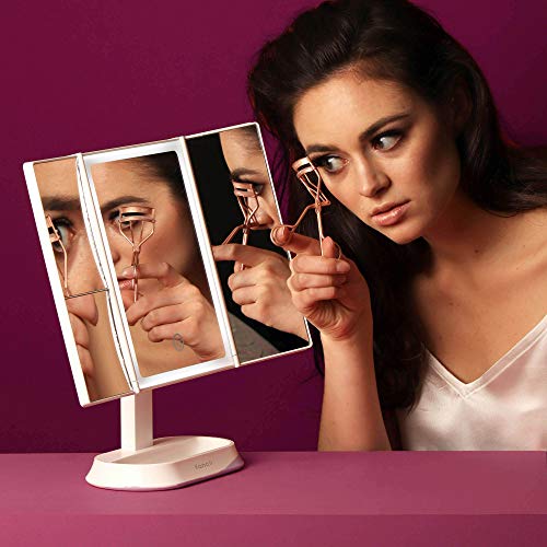 Fancii LED Lighted Makeup Mirror with 3 Color Temp, Rechargeable Trifold Vanity Mirror with 5X / 7X Magnifications - Dimmable Lights, Ultra Reflective Glass, Touch Sensor, Cosmetic Stand (Zora)