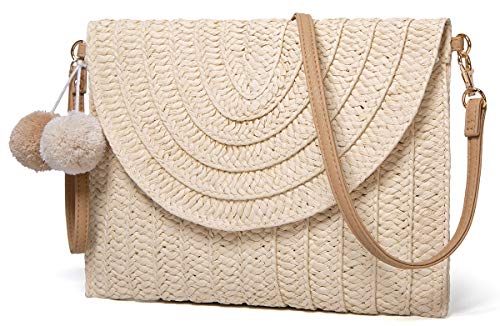 Straw Shoulder Bag Straw Clutch Women Hand-woven PomPom Straw Crossbody Bag Summer Beach Envelope Purse Wallet