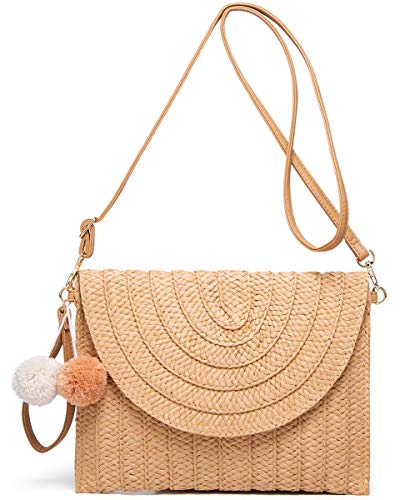 Straw Shoulder Bag Straw Clutch Women Hand-woven PomPom Straw Crossbody Bag Summer Beach Envelope Purse Wallet