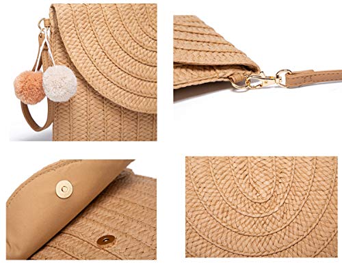 Straw Shoulder Bag Straw Clutch Women Hand-woven PomPom Straw Crossbody Bag Summer Beach Envelope Purse Wallet